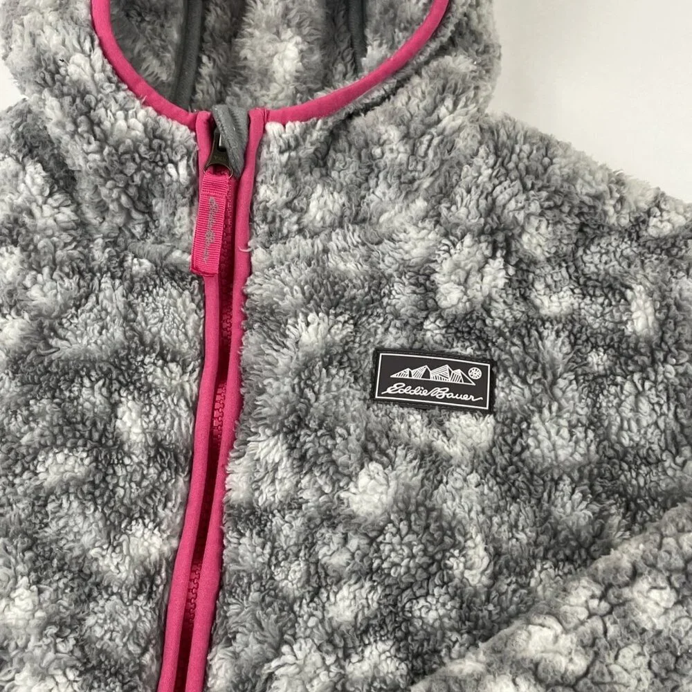Eddie Bauer Sherpa Hooded Jacket Girls M(10/12) Fleece Zip Up Gray White